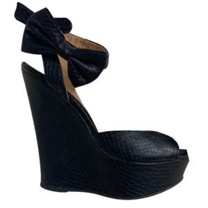 Black Snake Print Wedge Heels with Bow Ankle Strap